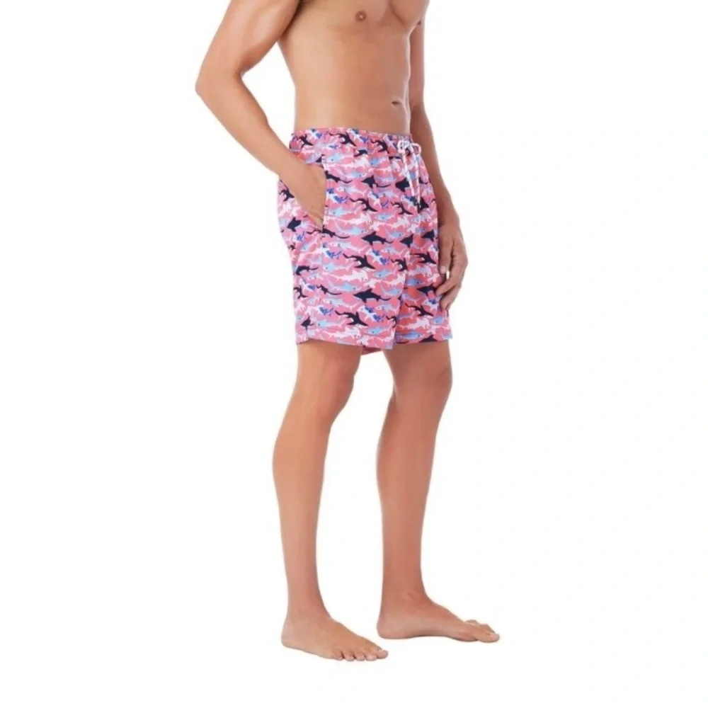 Member’s Mark Men's Resort Liner Swim Trunk Blue & White Sharks/Pink Background
